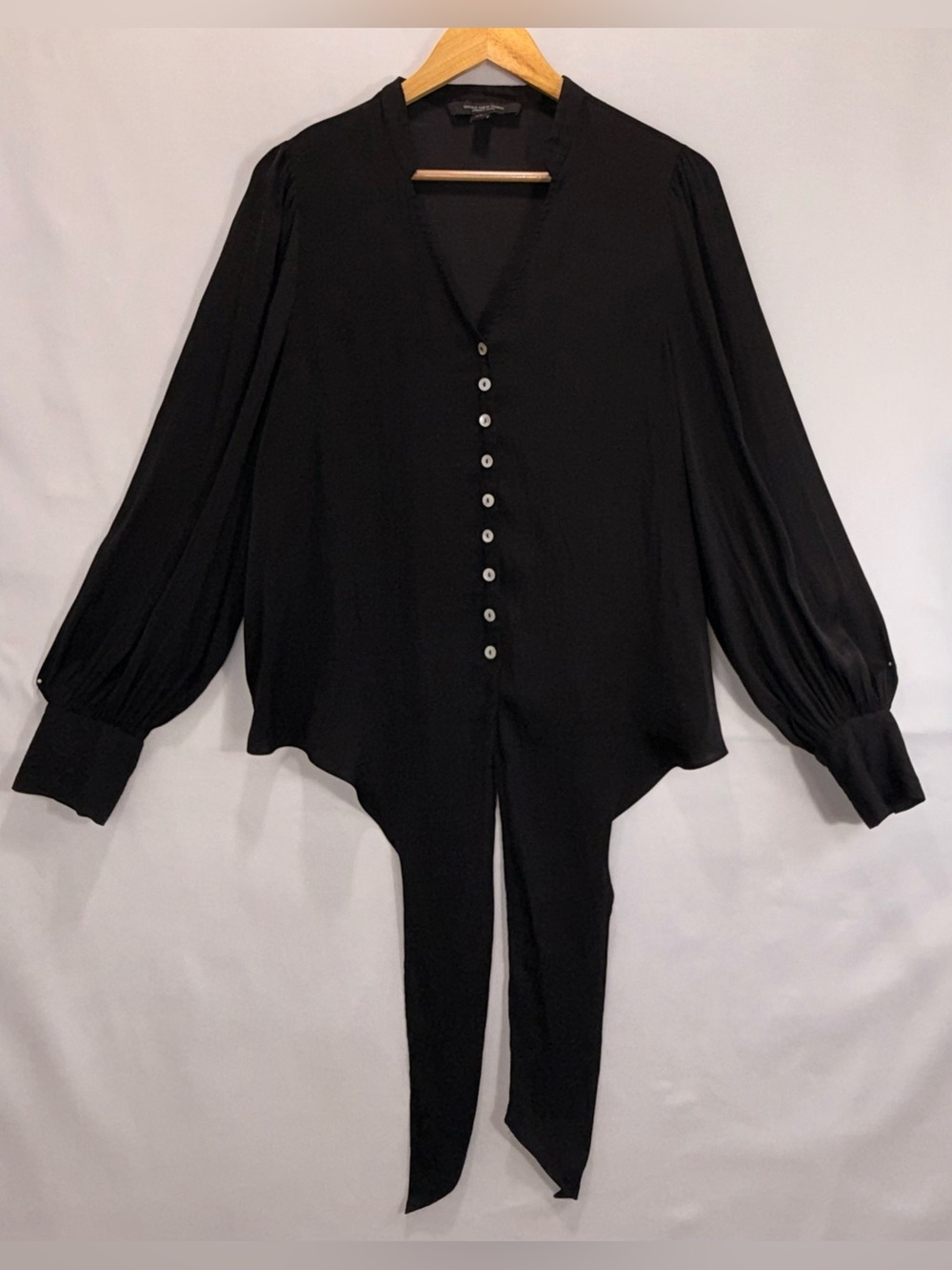 Marc New York Black Tie Front Blouse Size L V-Neck Button Detail Boho Chic
